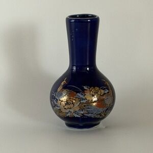 Vintage Blue Ceramic Vase Peacock Floral Gold Detail Small Accent